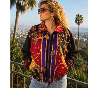 Vintage 90s Winterset Chain Print Bomber Jacket Gold Tassel Windbreaker Sz med‎